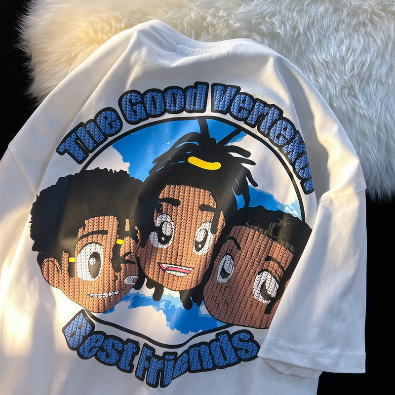 Retro trendy cartoon Korean version of the all match loose oversize male and female couple short sleeved T shirt men clothing