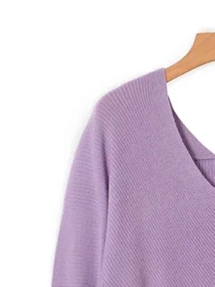 Women Sweater Ribbed Long Sleeve V-Neck Solid Color Loose Autumn Winter Knitting Pullover