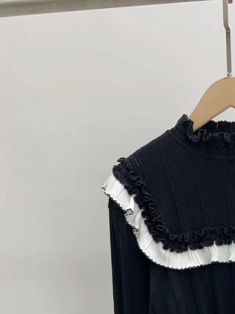 Women's Pullover Ruffled Collar Color Patchwork Long Sleeve Sweet Knitting Sweater