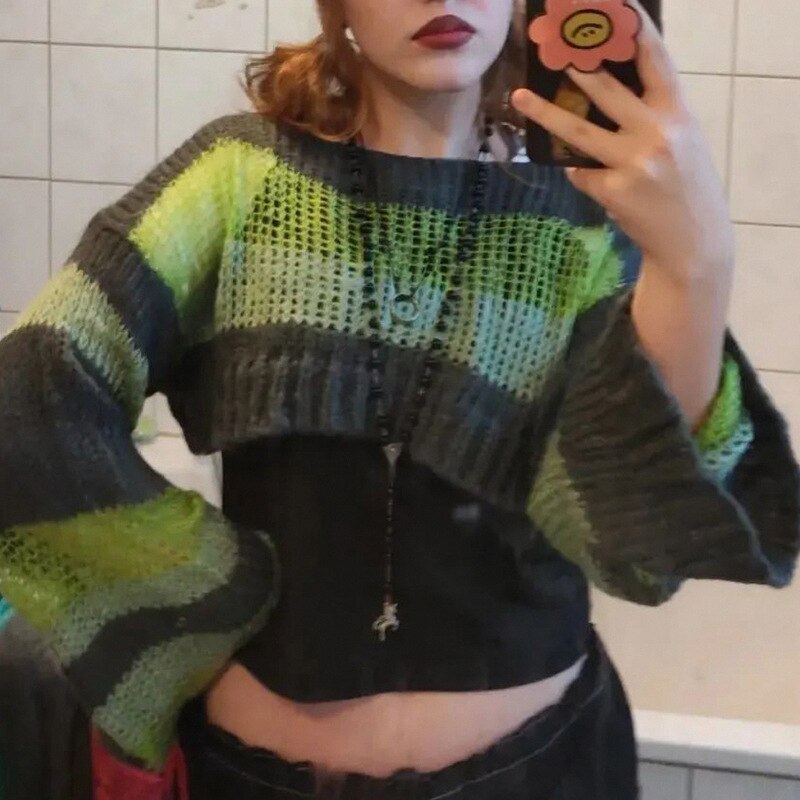 Contrast Striped Colorblock Thin Knit Loose Pullover Crop Top Short Sweater overall smock cloak cape Fall Autumn cropped y2k tee