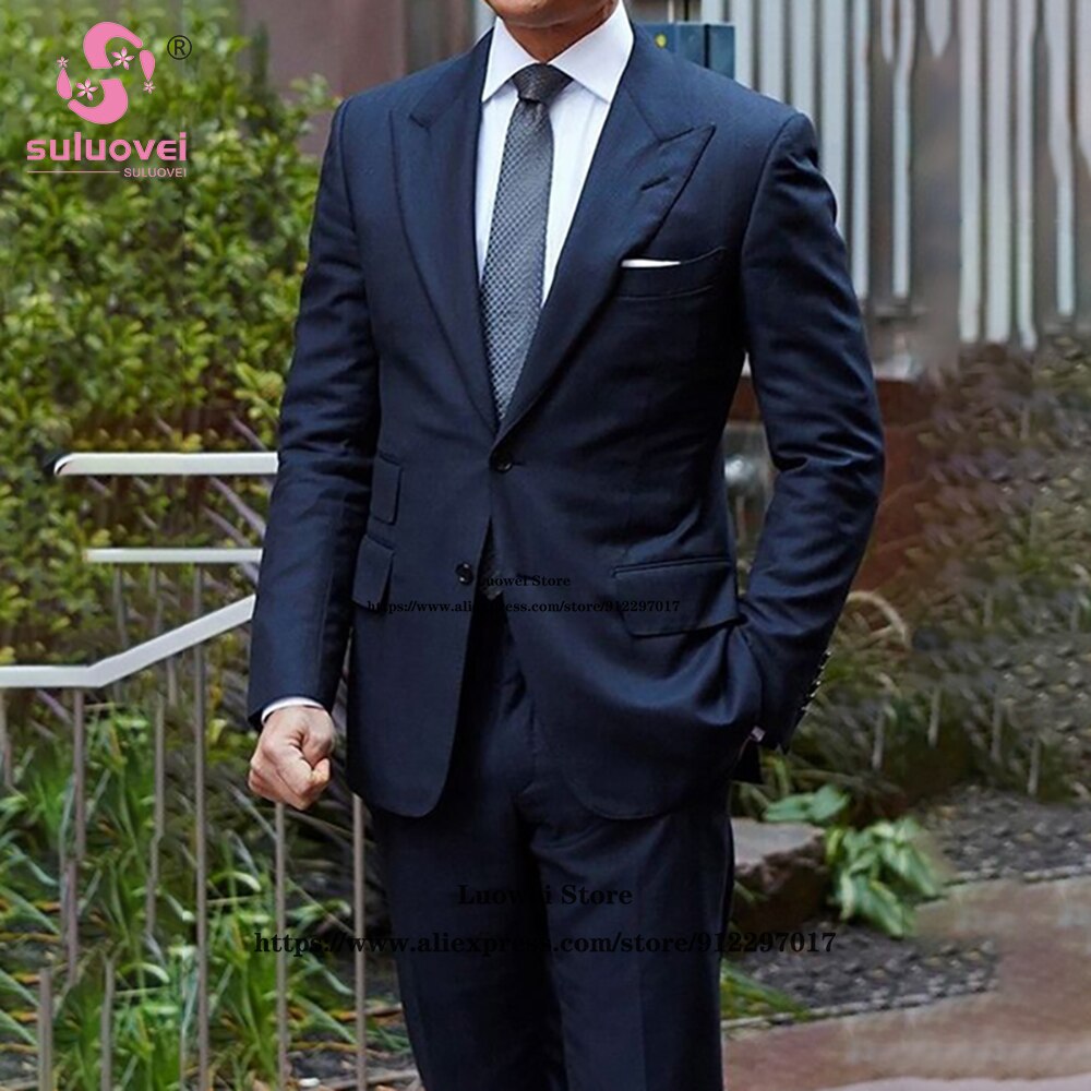 Fashion Business Slim Fit Suits For Men 2 Piece Jacket And Pants Set Male Office Blazer Formal Groom Wedding Peaked Laple Tuxedo
