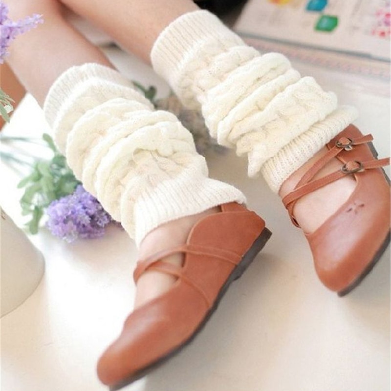 Winter Knitted Wool Warm Leggings Vintage Lingge Solid Color Thermal Warm Long Socks Furry Leg Warmers Women Leg Warmer