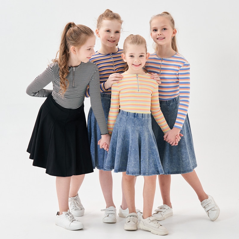 kids girl spring summer strechy striped half zipper tee with casual skirts Mom daughter fashion sporty family matching clothing