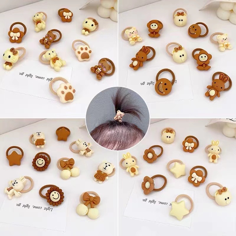 10pcs/set Cute Cartoon Rubber Elastic Weaving Hair Bands Coffee Color Cartoon Hair Tie Headband for Baby Girls Kids Accessories