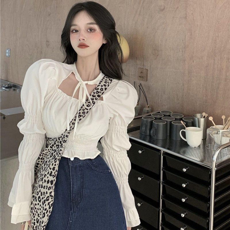 Deeptown Sweet Cropped Women Blouses Kpop Vintage Y2k Flare Puff Sleeves Tunic Chic Cute Ruffle Tops Streetwear Korean Fashion