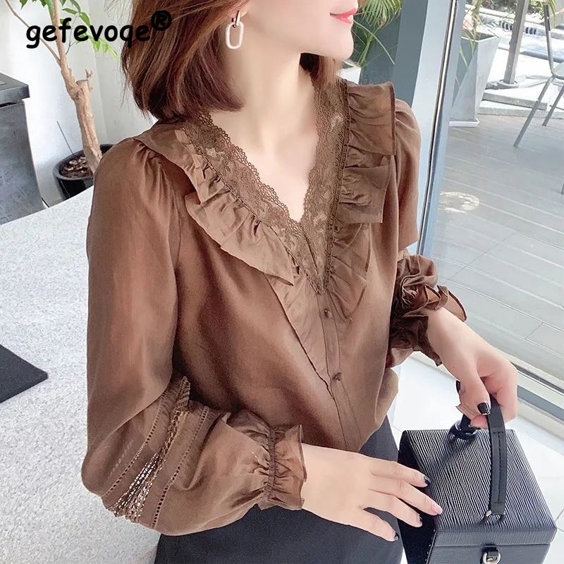 Spring Autumn V-neck Lace Ruffles Loose Casual Shirt Lady Long Sleeve Hollow Out Elegant All-match Blouse Top Women's Cloth