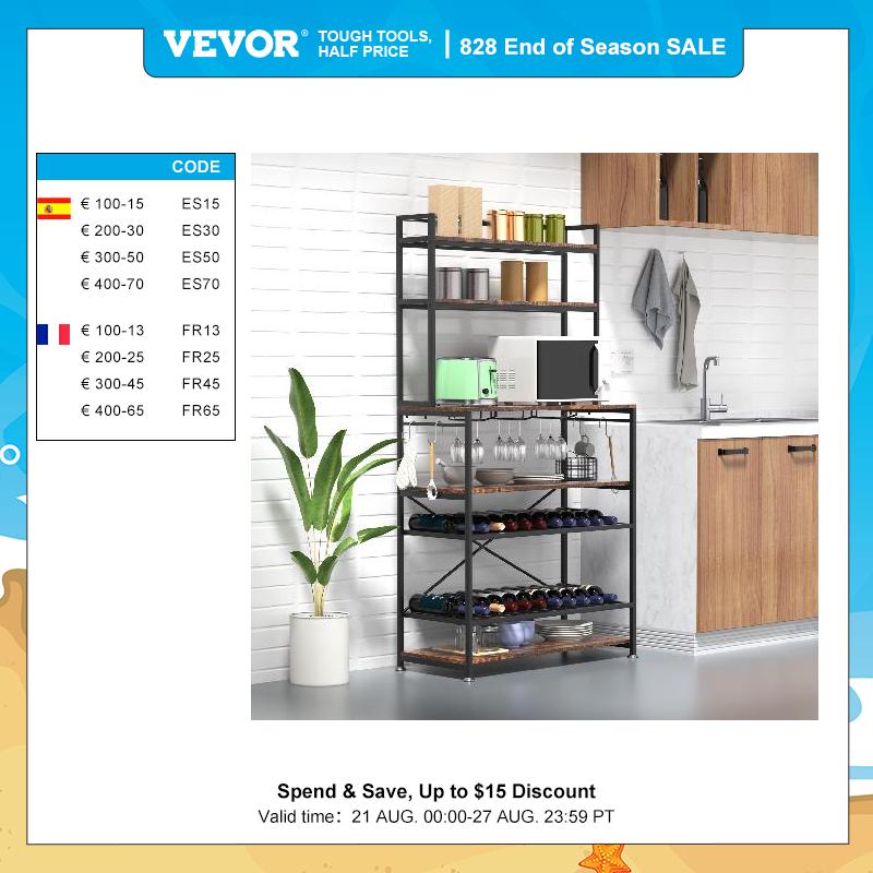 VEVOR 6-Tier Kitchen Bakers Rack with Cabinet 68"/65" Tall Storage Shelf Rack with 320 lbs Load Bearing Comes with 6 o