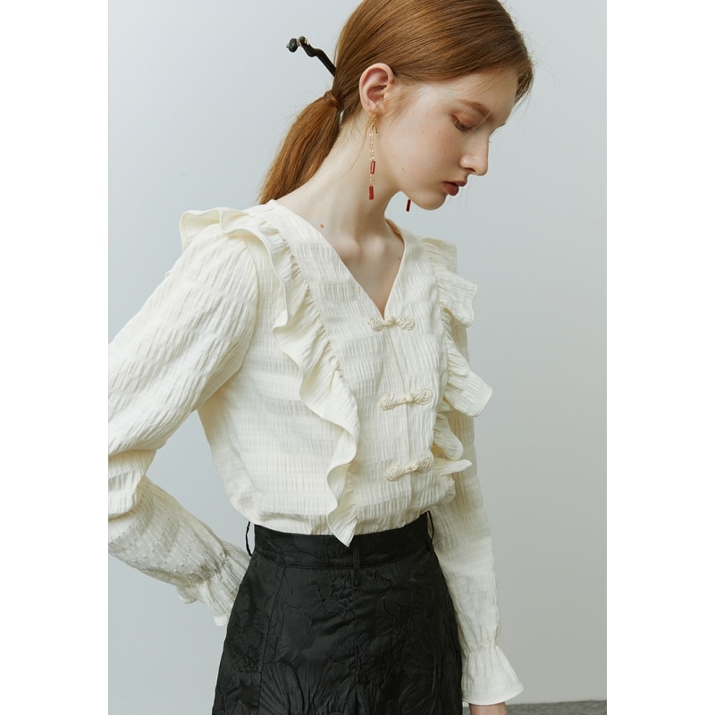 Women's Clothing Shirt Spring Beige Shirt V-neck Fashion Leisure Female NEW Long Sleeve Chic Comfortable Casual Blouse Tops