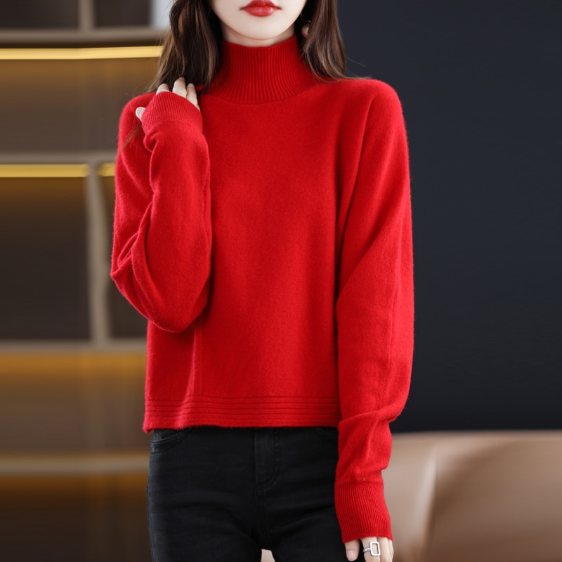 2023 New 100% Mink Sweater Irregular Women's Autumn And Winter Style Semi-High Neck Fashion Loose Solid Color Long-Sleeved 