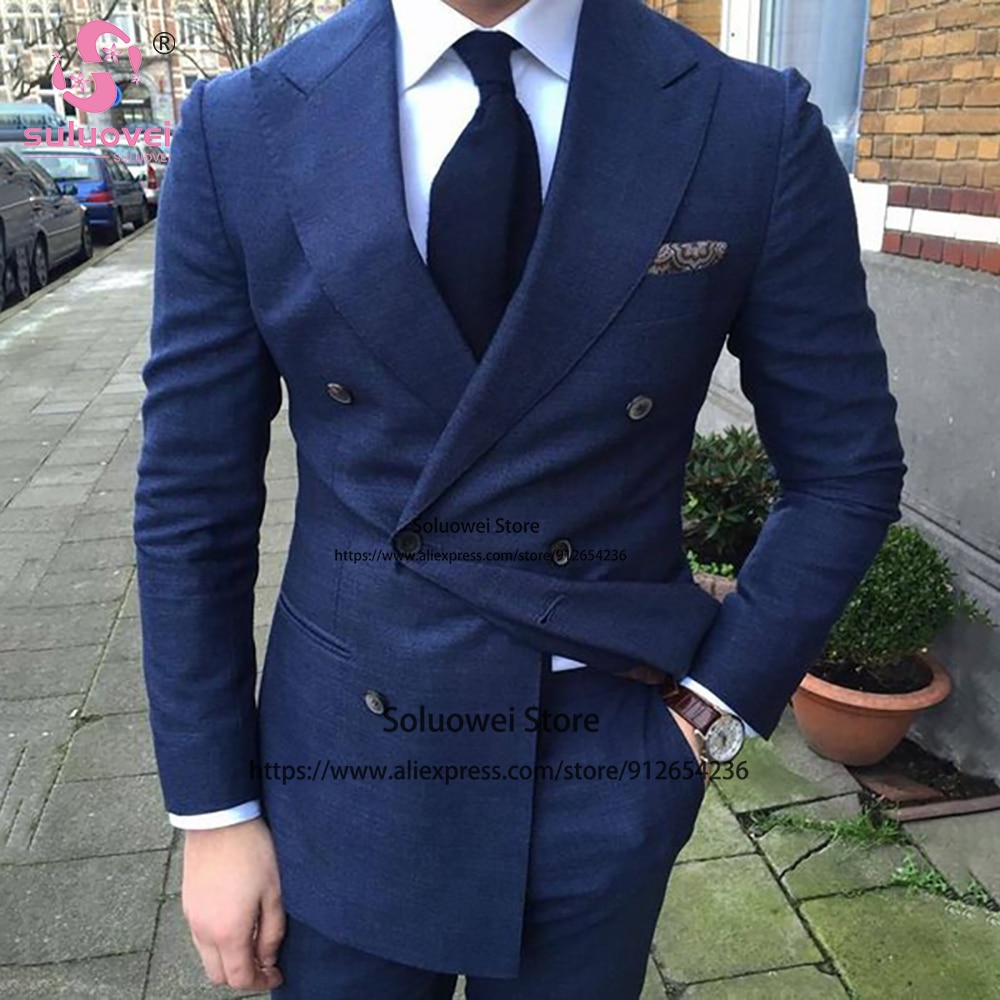 Fashion Double Breasted Tuxedo For Groom Wedding 2 Piece Jacket And Pants Set Male Business Blazer Formal Peaked Lapel Men Suits