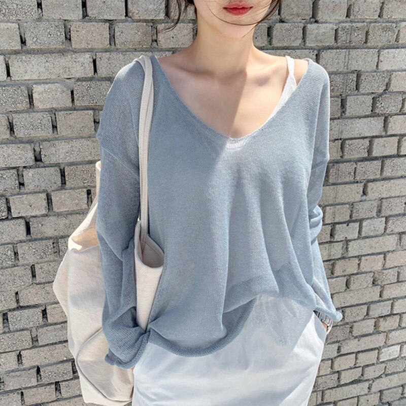 Female Outside Wearing Ultra-thin Air-conditioning Hoodie Tops Ice Silk Knitwear Women Lazy Wind Loose Long-sleeved Pullover Pop