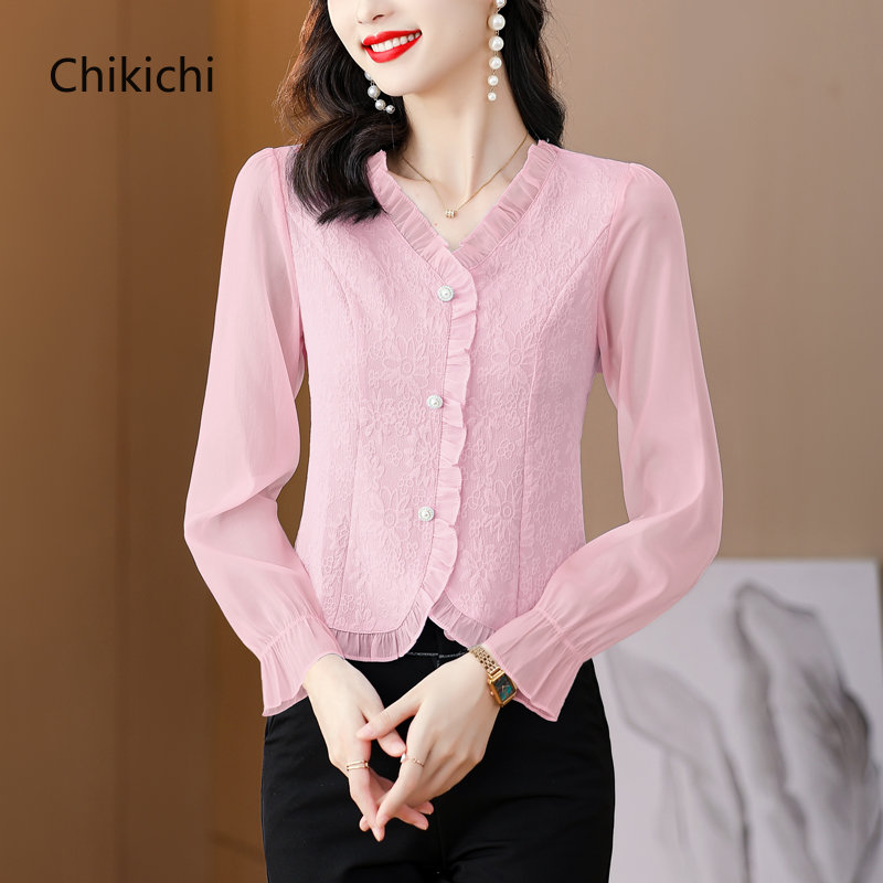 Chikichi Korean Fashion Jacquard V-neck Lace Stitching Long Sleeve Top Female Slim Short Style Gauze Shirts for Women