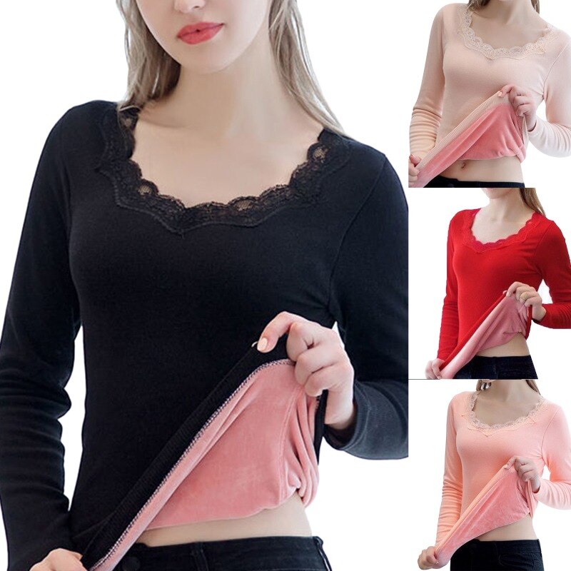 Women Winter Thermal Underwear Fashion Slim Sexy Lace Collar Design Fleece Lace Women Winter Comfortable Clothing Warm Pullover
