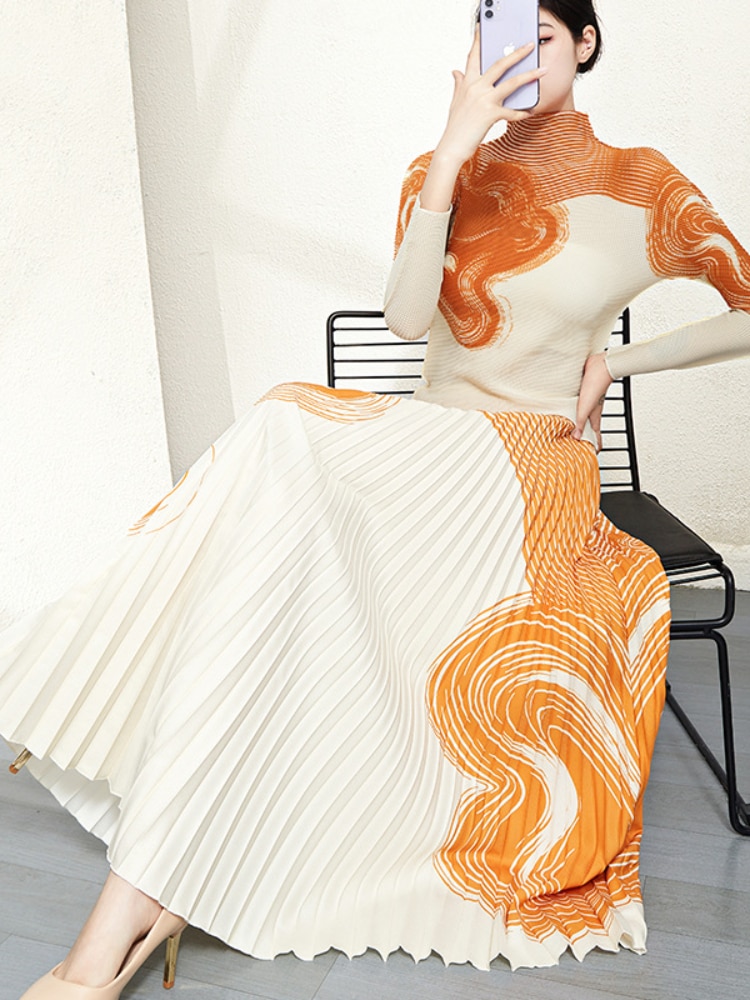 Miyake Pleated Small Fragrance Set 2023 Spring-Autumn New Print Curved Top + Skirt Fashion Two-Piece Set