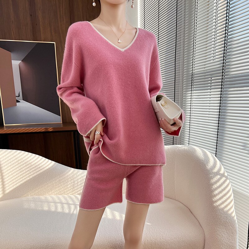 Spring And Autumn 100% Pure Wool Two-Piece Women's V-Neck Blouse+Shorts Pullover Loose Color Sweater Knit Bottoming Shirt