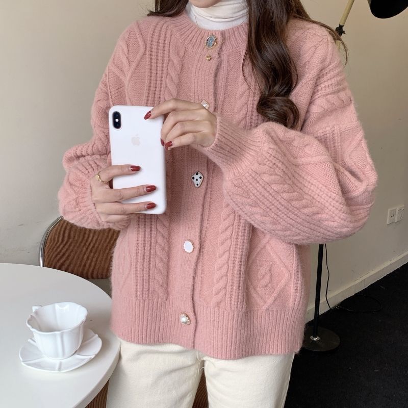 Women Cardigans Button Sweater Long Lantern Sleeve Kawaii Clothes Circular Neck Loose Cute Twist Knit Korean Fall Outfits Woman