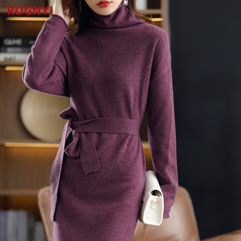 RONGYI 100% Wool Women's Spring And Autumn Turtleneck Pullover Fashion Belt Long Skirt Wearing A Solid Color Knit Top