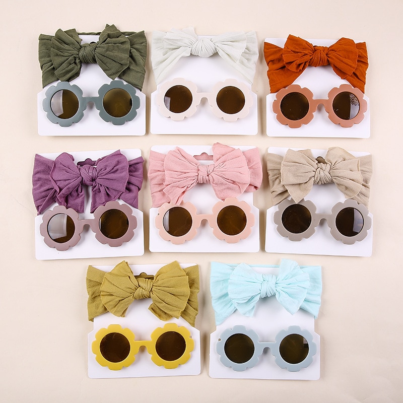 Summer Beach Cute Baby Accessories Sun Glasses Baby Girl Headband Set Nylon Bow Children Girls Head Bands Photography Prop