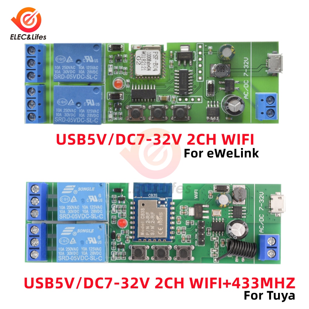 DC 5V 7V-32V 2 Channel WiFi Remote Control Relay Switch Module Supports 433MHZ Remote Control For EWelink Tuya APP System
