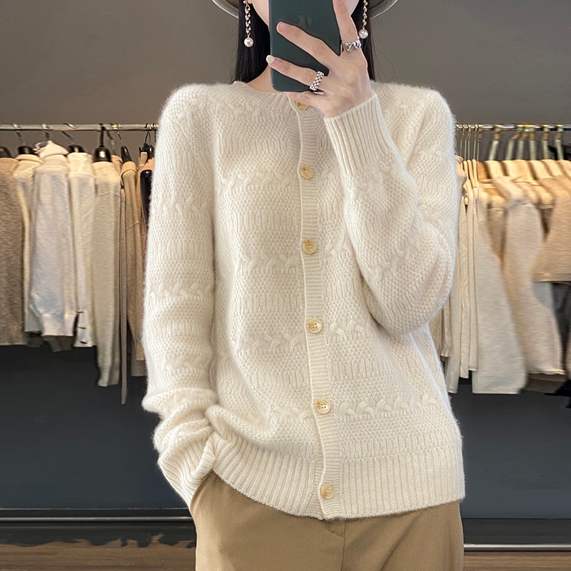 New Spring and Autumn Women's Cardigan 100% Pure Cashmere Sweater Solid Color round Neck Women's Shirt Loose Comfortab