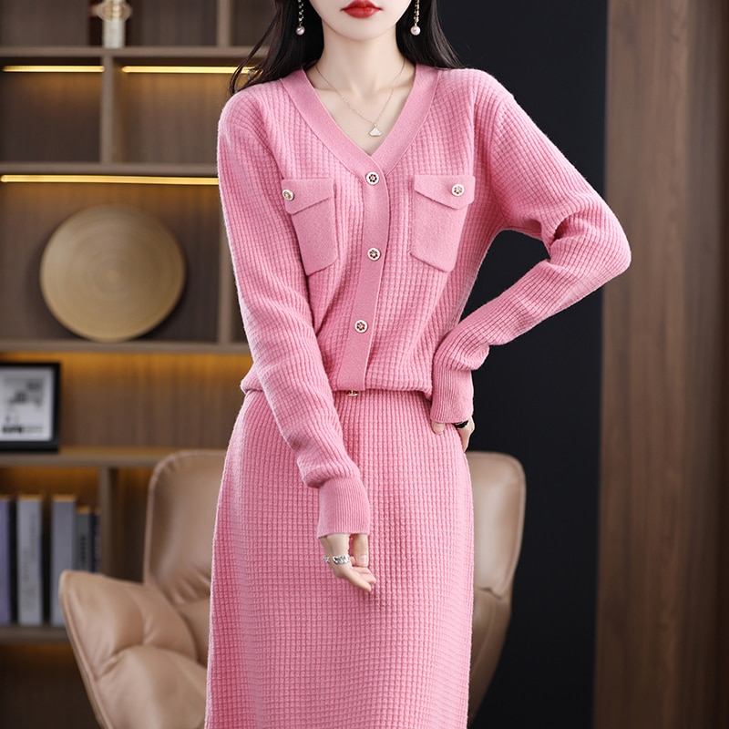 Spring and Autumn New 100% Pure Wool Knitting Suit Women's Solid Color Joker Cardigan V-neck Sweater Long Fashion Skirt