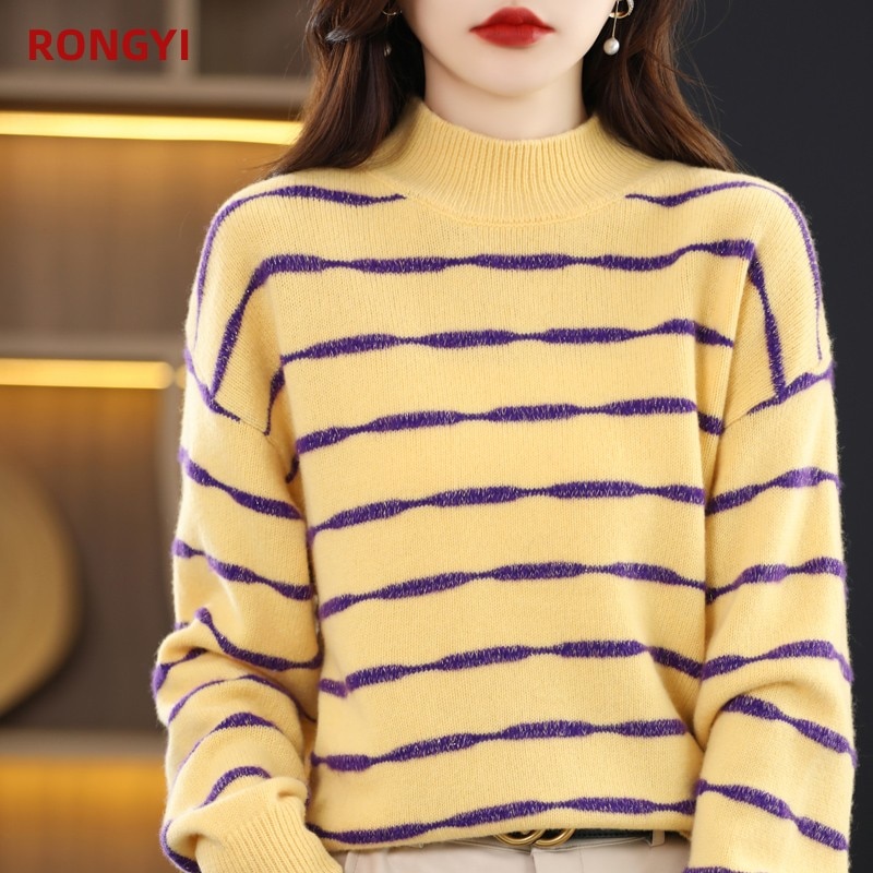 RONGYI 100% Wool Women's Half-High-Neck Pullover Striped Sweater Spring And Autumn Bottoming Shirt Jacket Thickened To Keep