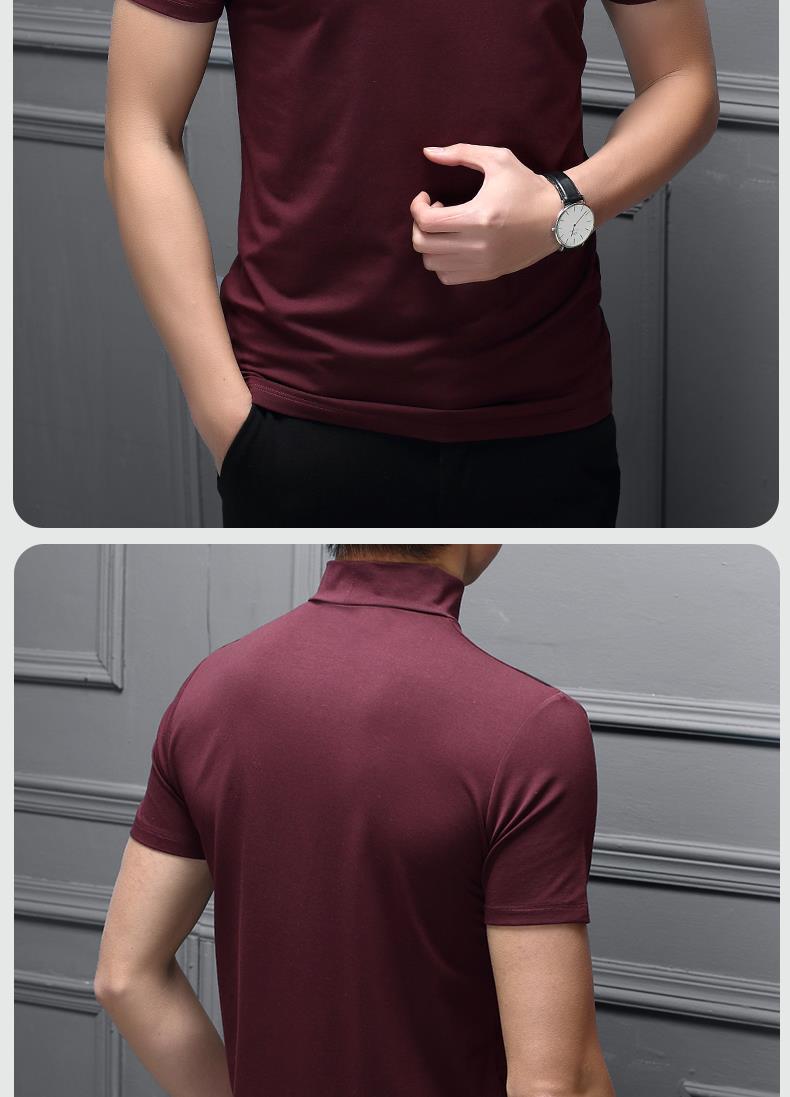 Spring and summer men's semi-high collar silk cotton short-sleeved thin t-shirt men's pure color style high collar