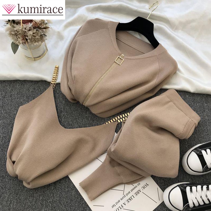 2023 Spring and Autumn New Product Han Fanins Sweet Temperament Chain Tank Top Knitted Coat Feet Elastic Pants Three-piece Set