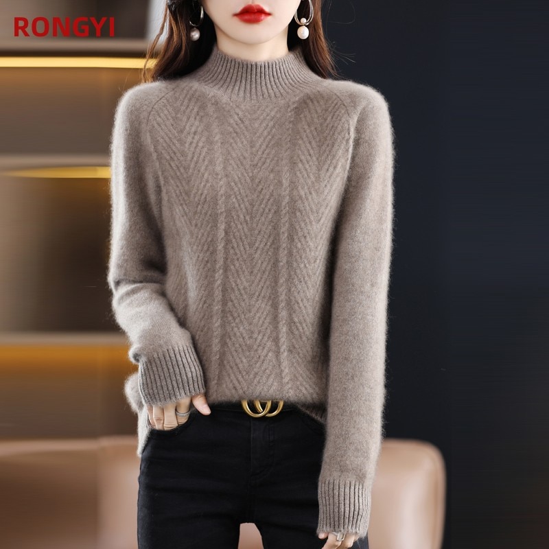 RONGYI 2023 Spring and Autumn New Explosions 100% Pure Wool Sweater Lady's Semi-high Collar Bottom Pure Sweater Thickened T