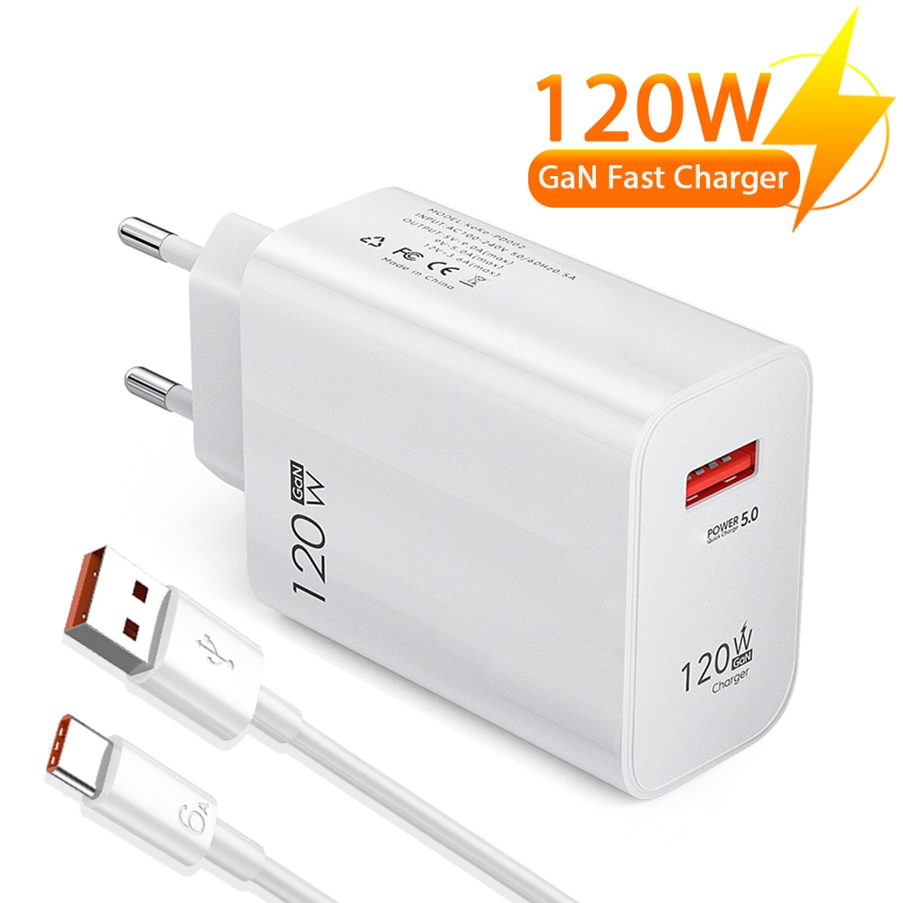 120W Gan Fast Charger Quick Charging Adapter For iPhone 14 13 12 Pro Max Samsung Xiaomi Huawei Tablets Type C Cable USB Charger