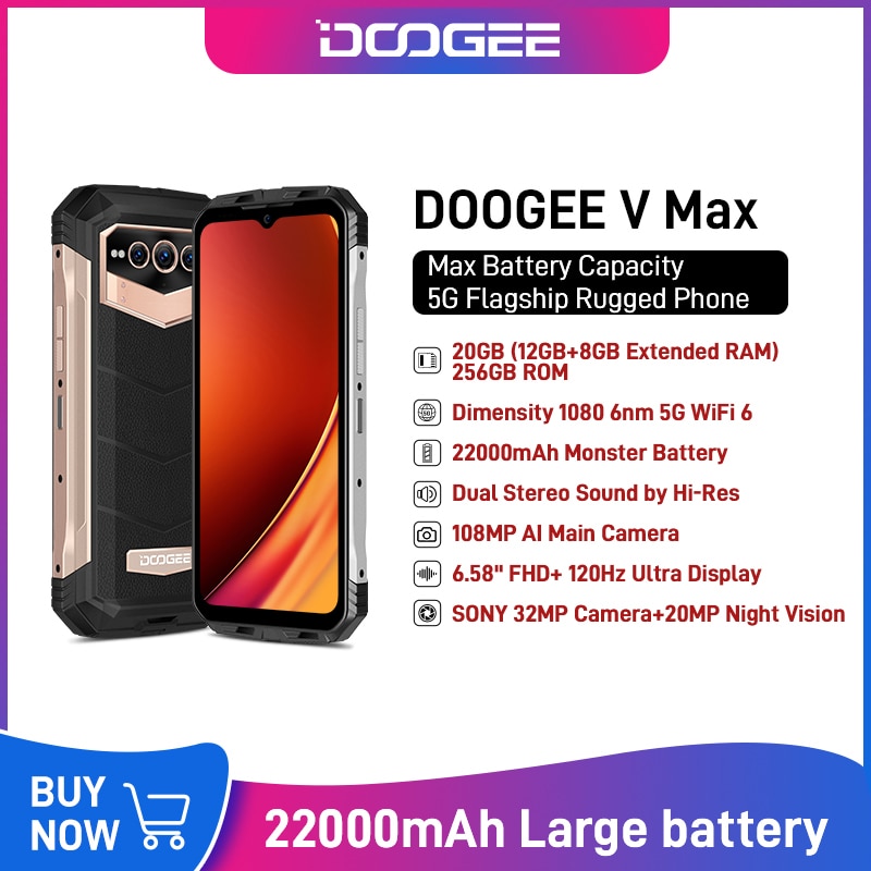 DOOGEE V Max 5G Rugged Phone 6.58" 120Hz Dimensity 1080 Hi-Res 108MP AI Main Camera Octa Core 12GB RAM+256GB ROM 22000mAh P