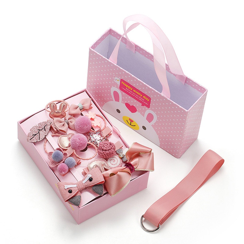 18 Pcs Hair Clip Set Cute Cartoon Bowknot Girls Hair Headwear Hair Ring Girl Hairpin Baby Head Rope Gift Box Set Accessories