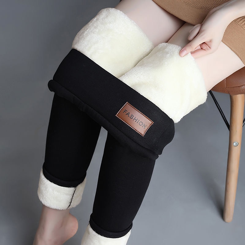 Women Leggings Thickened Elastic High Waist Fleece Lined Thermal Trousers With Pockets For Fall Winter Free Size Solid Color