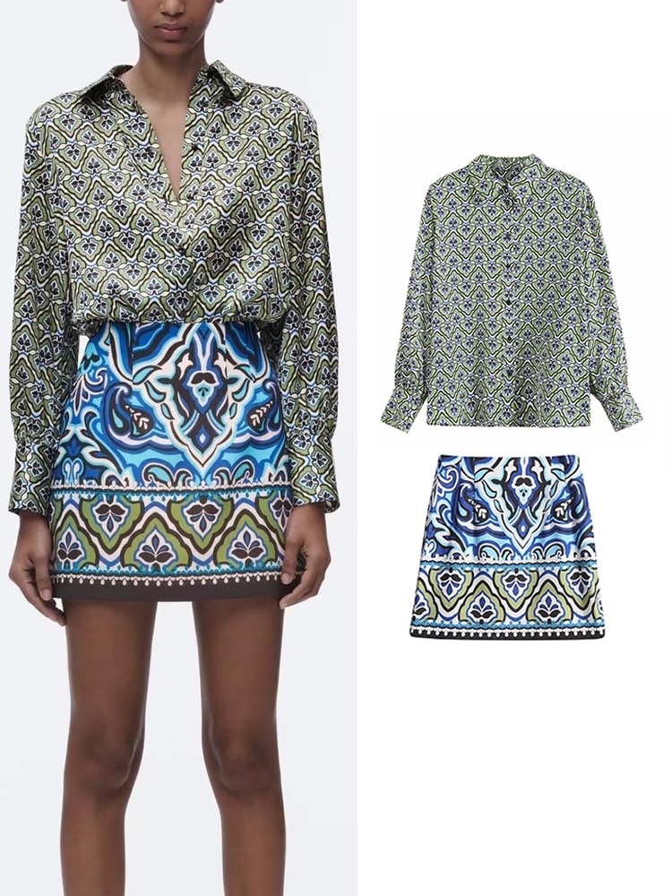 TRAF 2023 Women Printed Skirt Sets Spring Summer Elegant Thin Long Sleeve Tops High Waist A-Line Mini Dress Casual Outwear
