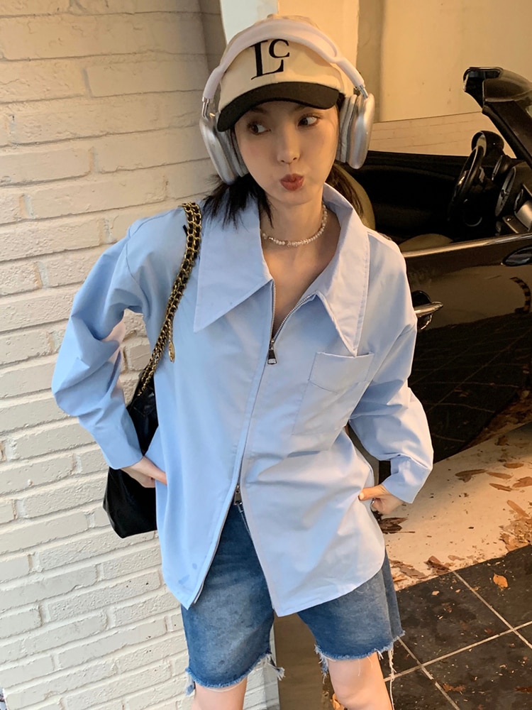 Blue Shirt Elegant Blouses for Women 2023 New Fashion Long Sleeve Shirt Mid-length Shirt Coat Women Loose Zipper Coats Top