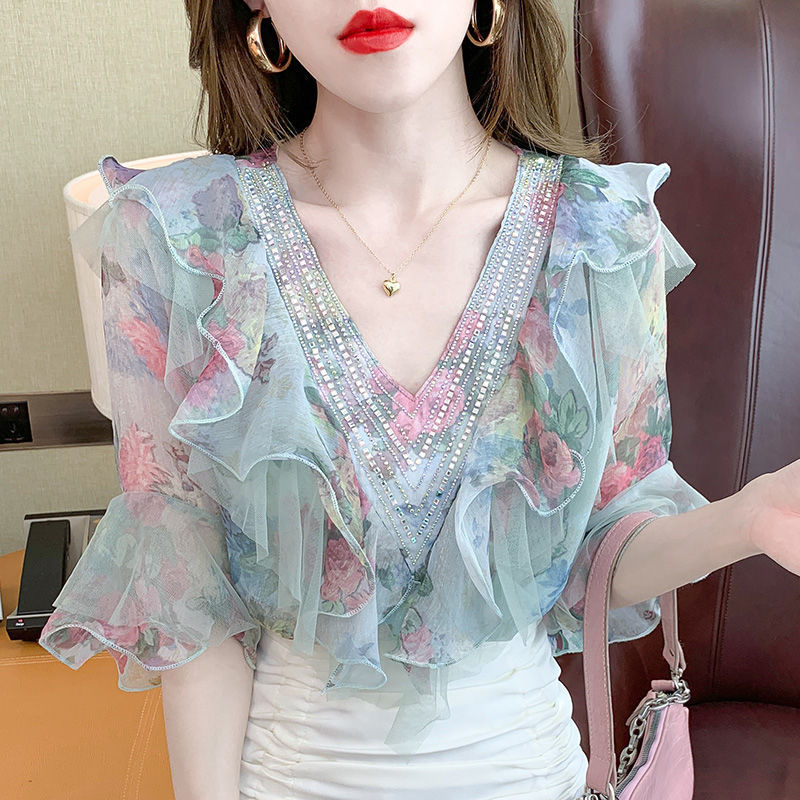 Sweet Elegan Ruffles V-neck Printing Chiffon Blouses New Temperament Designer Shirts Women Chic Diamonds Women's Clothing 2