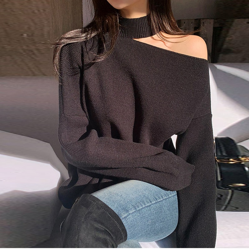 Winter Autumn Loose Irregular Turtleneck Sweaters Tops Halter Casual Elegant Hollow Out Bare Shoulders Knitted Pullover Black