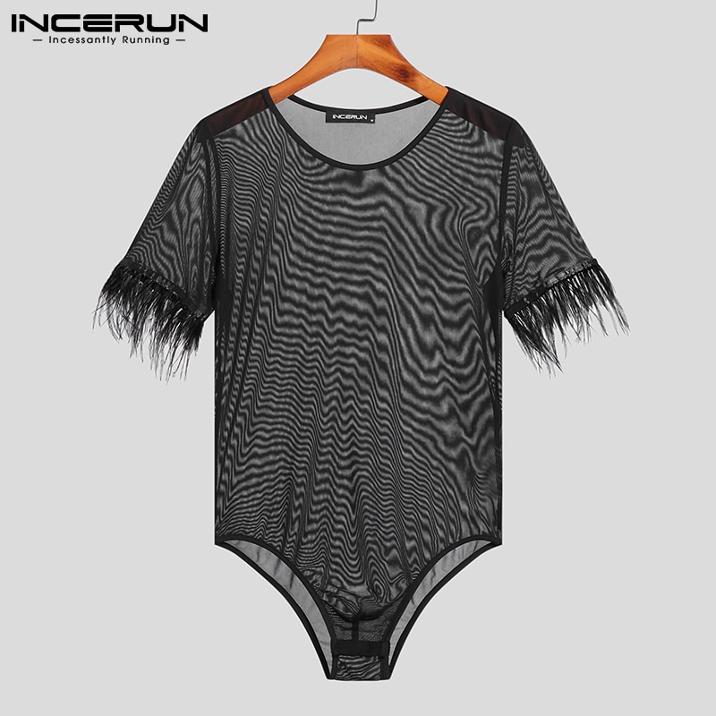 Men Fashionable Loungewear Thin Mesh Jumpsuit Cuff Panel Feather Short Sleeve Rompers Sexy Male Triangle Bodysuits INCERUN 2023