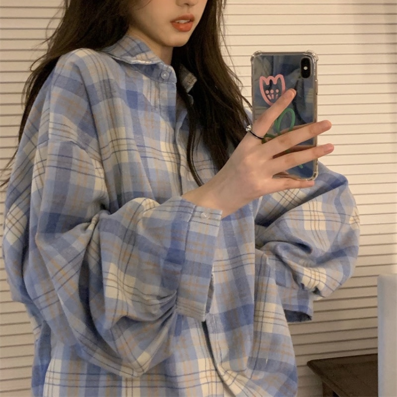 HOUZHOU Vintage Plaid Shirts Women Korean Style Oversized Harajuku Basic Spring Trend Pink Shirt Fashion Chic Aesthetic Blouse