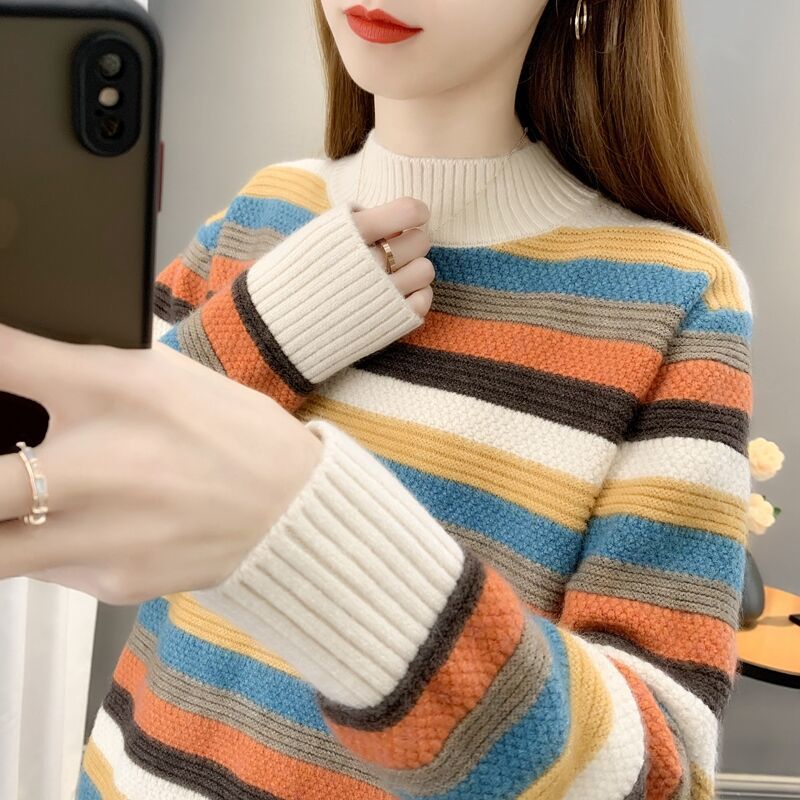 Fashion 4 Color Striped Knitted Sweater Women Loose Short Pullover Spring Autumn Half High Collar Long Sleeve Knit Tops Female