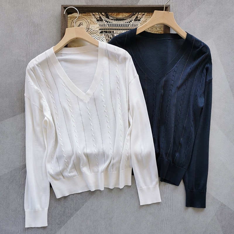 Bead-Chain Twisted Women Sweater 2023 Spring V-Neck Thin Simple Silk Wool Long Sleeve Ladies 2 Colors Pullover