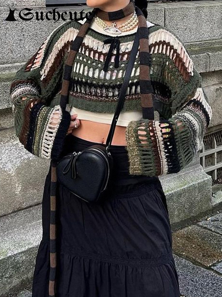 SUCHCUTE y2k Stripe Hollow Out Fishnet Sweaters Smock Crop Tops Women Fairycore Oversize Sweater Grunge Goth Cloth свитер сетка