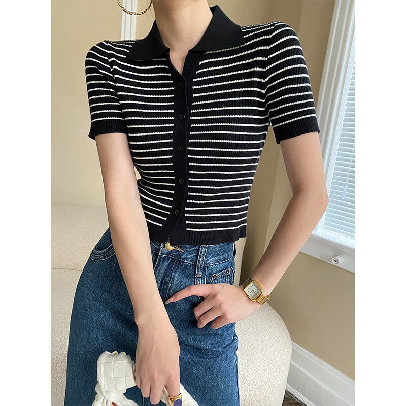 French POLO Small Polo Stripe Slim Fit Short Sleeve Knit Cardigan 2023 New