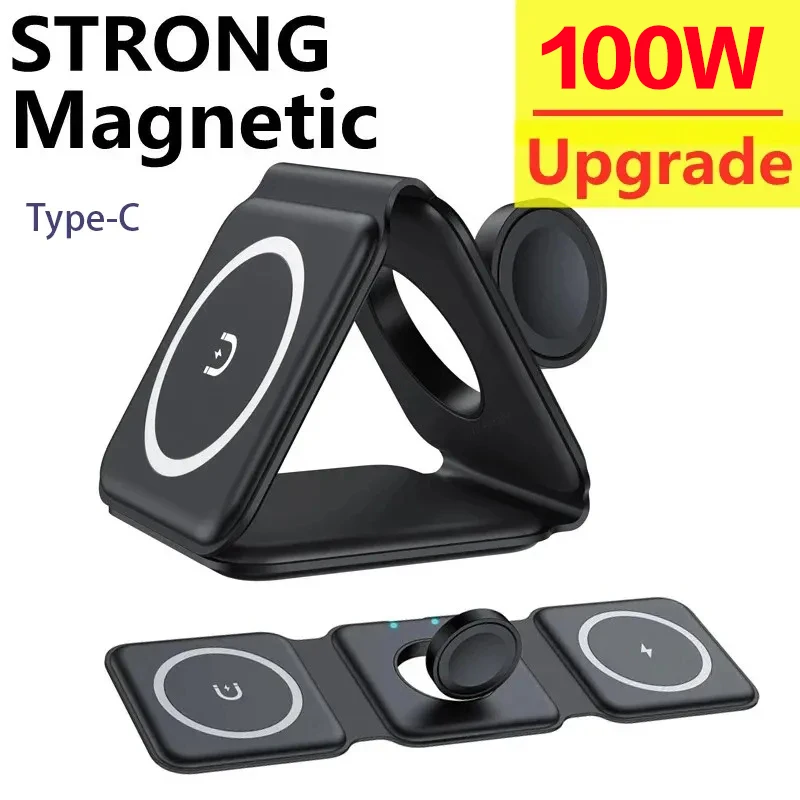 100W 3 in 1 Foldable Magnetic Wireless Charger For iPhone 14 13 12 Pro 15 XS X Fast Wireless Charging Pad For Airpods Pro iWatch
