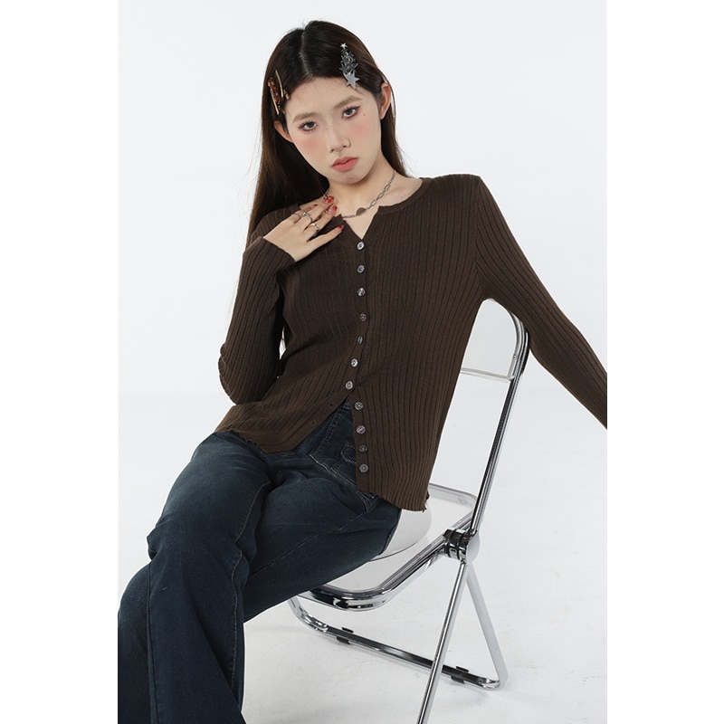Women's Clothes Coffee Cardigan Sweater V-neck Fashion Vintage Spring Sense of Design Mature Female Knitting Long Sleeves T