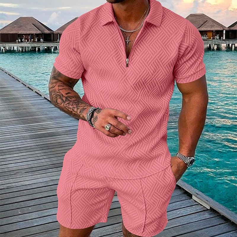 Men's Polo Shirt Business leisure Sets Mens Solid Color V-neck Zipper Short Sleeve Polo Shirt+Shorts Two Pieces Men Vintage