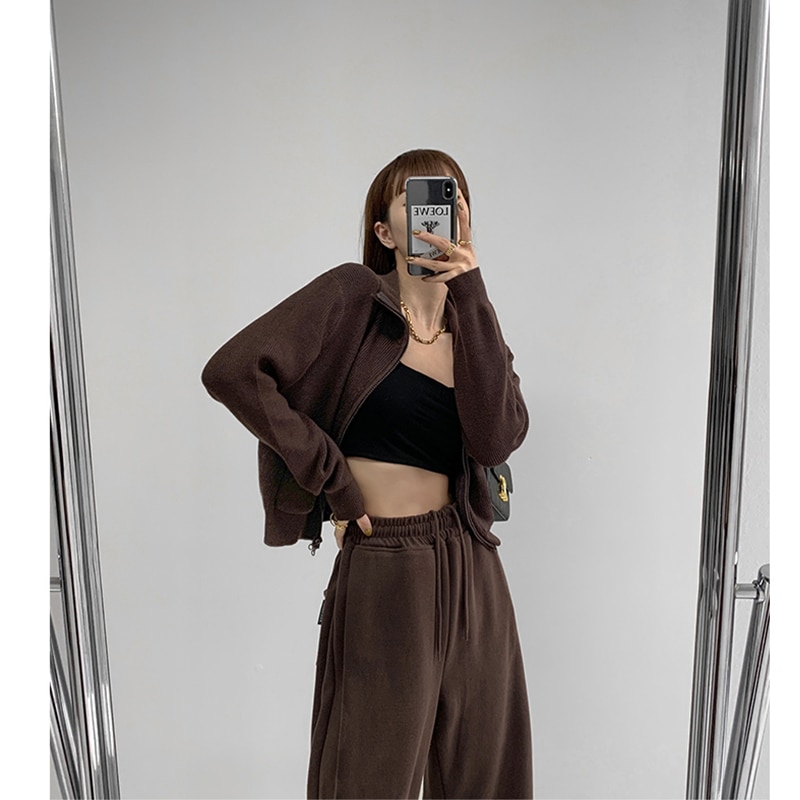 Female Vintage Sense of Design Lapel Appear Thin Knitted Cardigan 2023 New Style Unique Double Zipper Long Sleeve Pocket Sweater