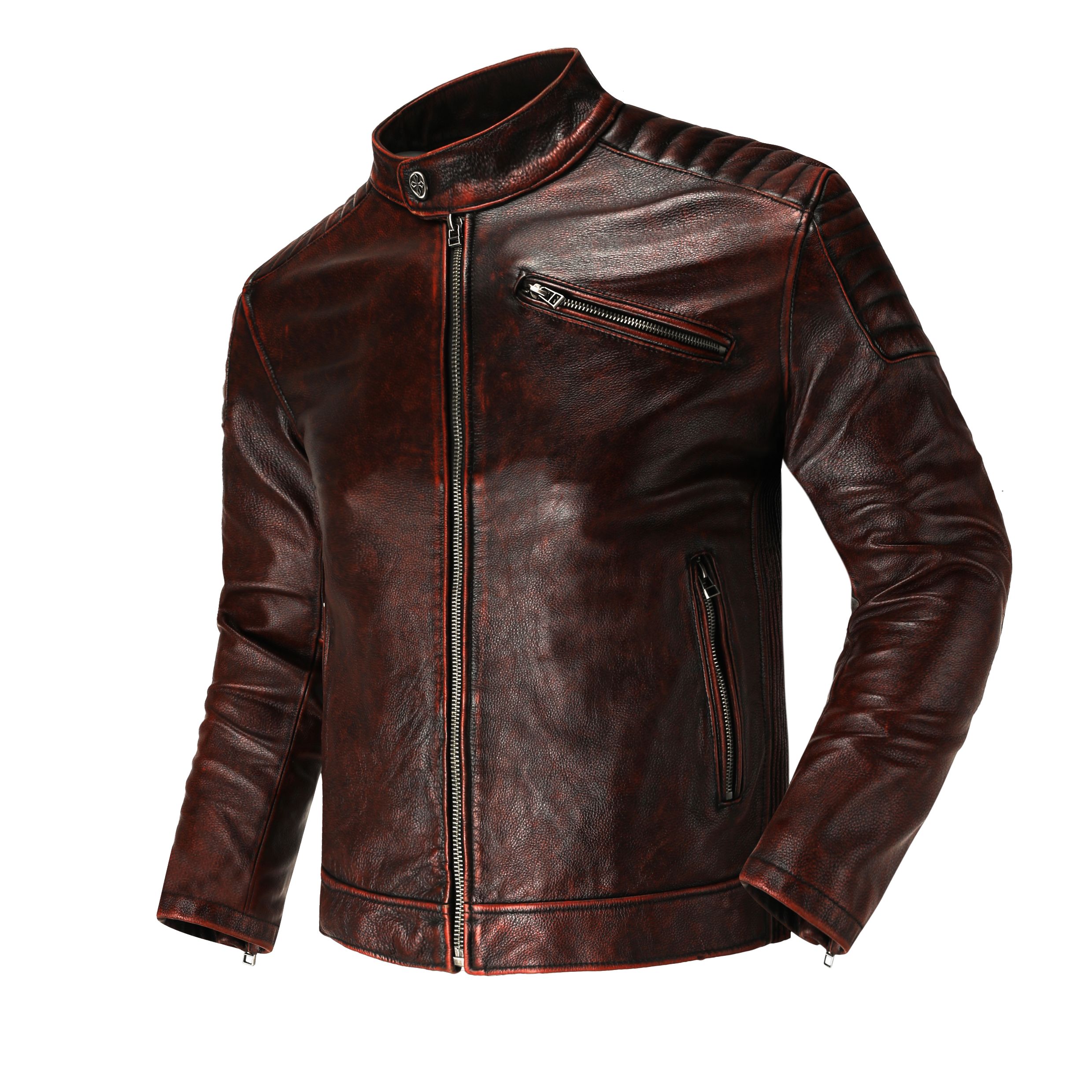 Men's Vintage Red Brown Leather Motorcycle Jacket Natural Cowhide Biker Jacket Stand Collar Top Layer Cowhide Leather Jacke