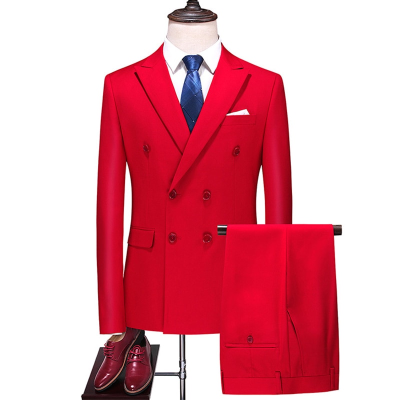 2023 Fashion New Men's Business Double Breasted Solid Color Suit Coat / Male Slim Wedding 2 Pieces Blazers Jacket Pants Tro