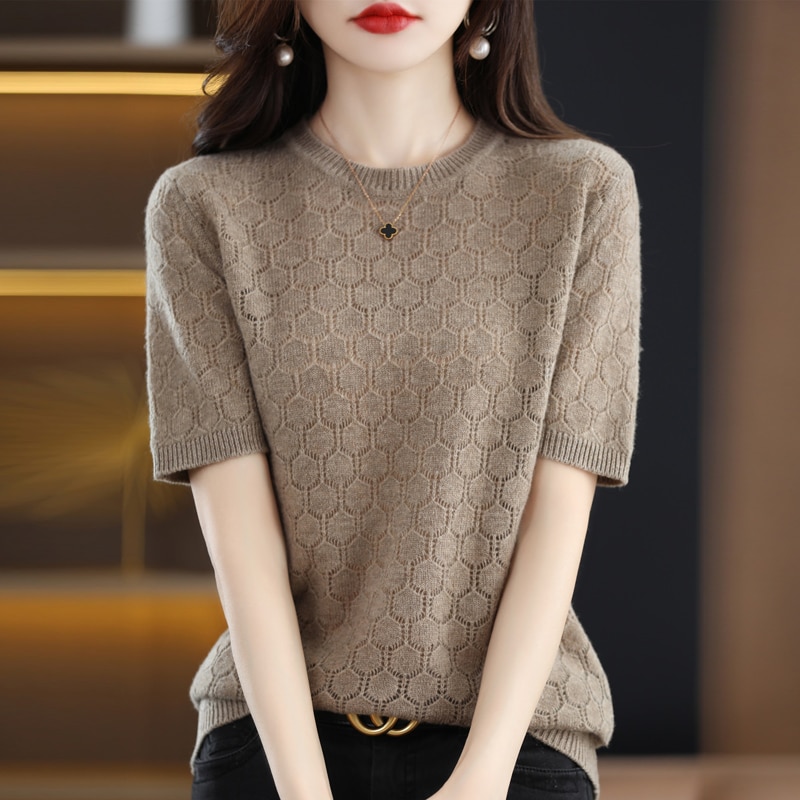 Spring and Autumn New 100% Pure Wool Sweater Women's O-Neck Short Sleeve Pullover Loose Knitted Cashmere Jacquard Top